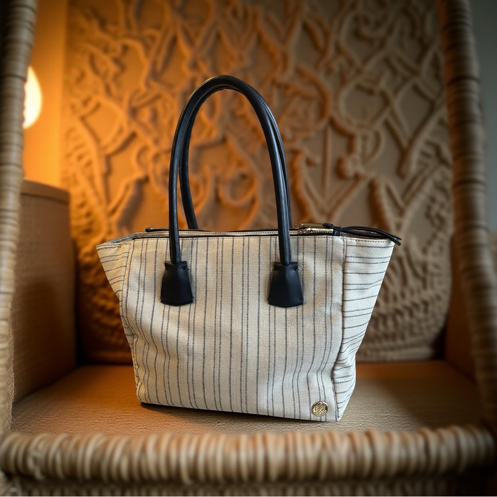 Vince Camuto Neutral and Navy Canvas Tote with Leather Accents - Picture 3 of 10